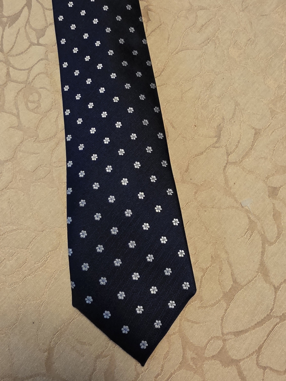 Classic Navy Tie with Small Silver Floral Motif